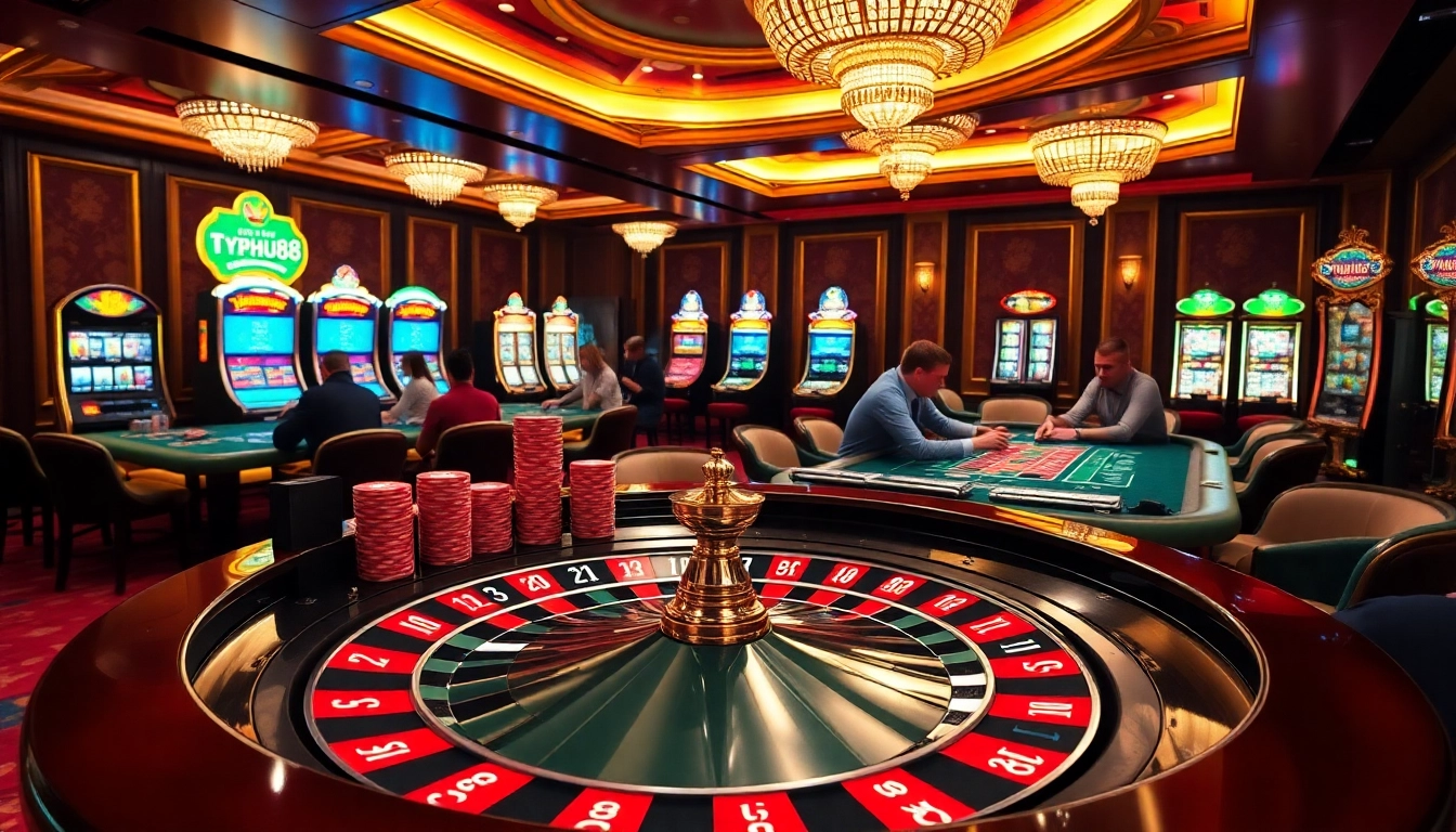 Exciting gambling scene at Typhu88's luxurious casino with vibrant roulette and poker tables.