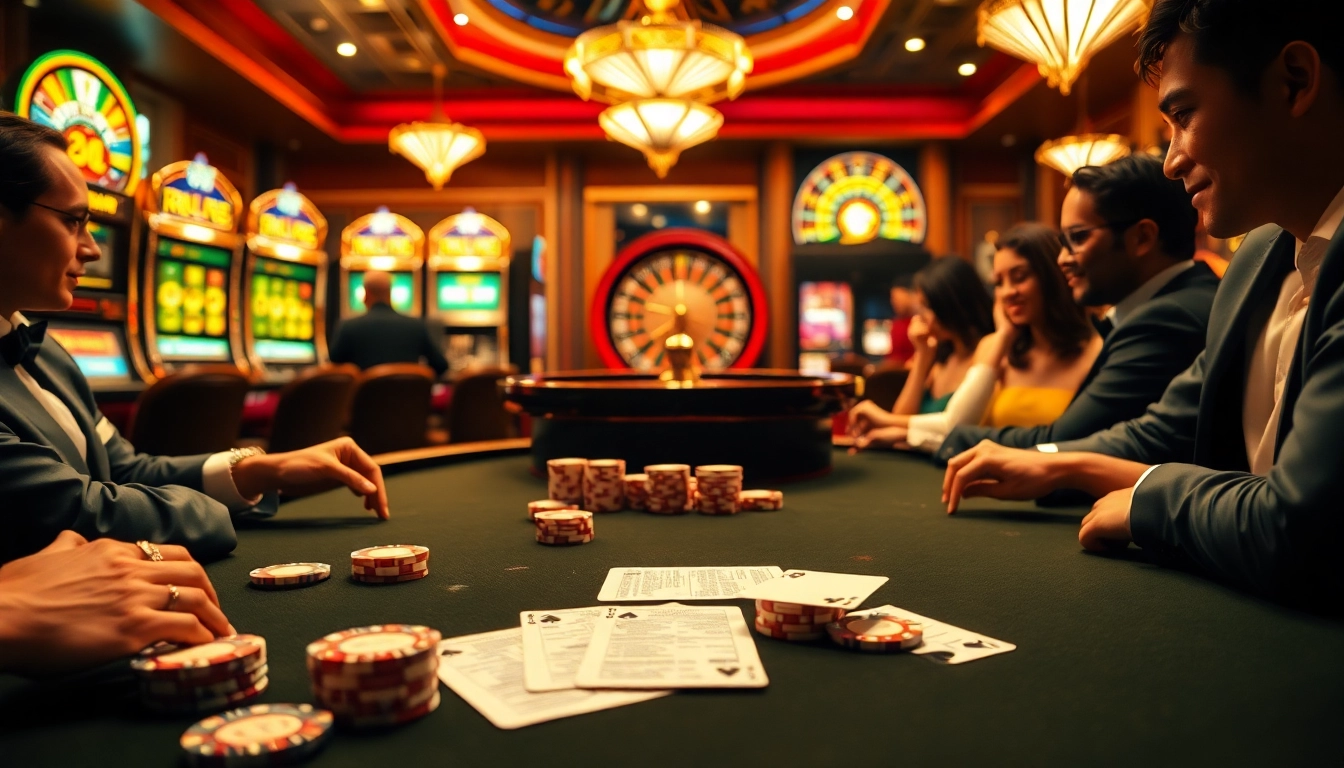 Engaging gamblers at the poker table in a vibrant gaming scene featuring win79 excitement.