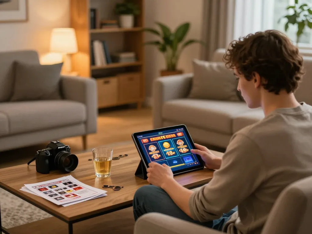 Engaging with NOHU online slot games on a tablet in a cozy living room setting.