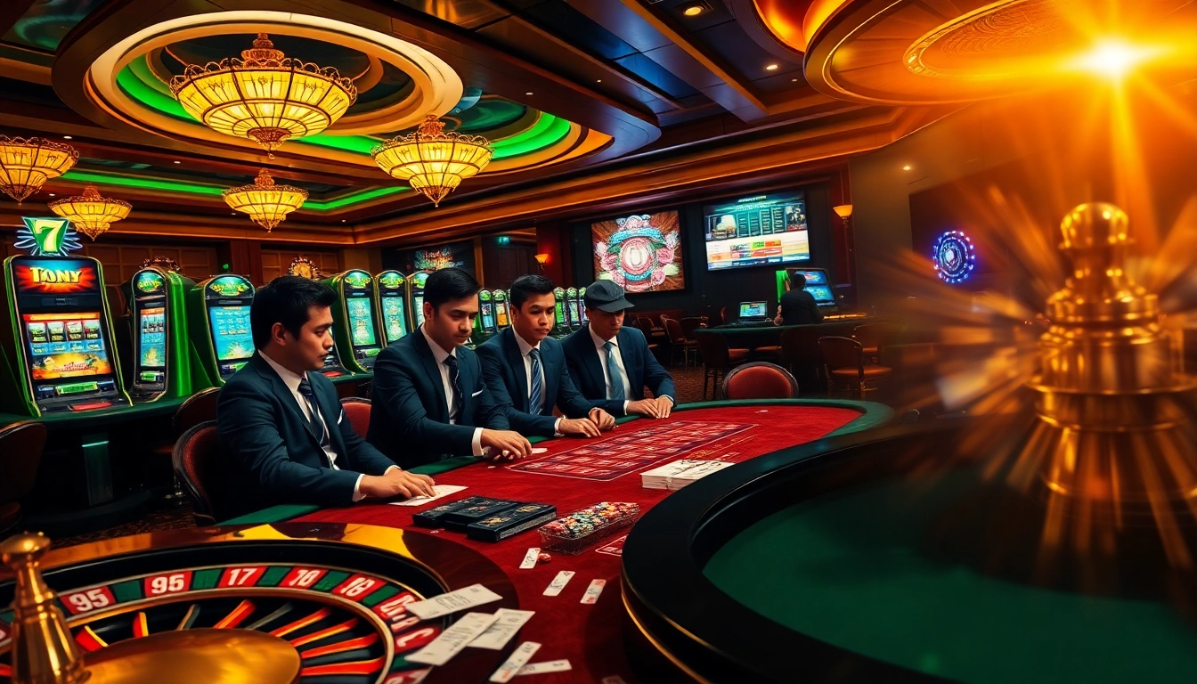 Experience the thrill of a casino with players enjoying games at https://58win4b.net/ while showcasing vibrant slot machines and poker tables.