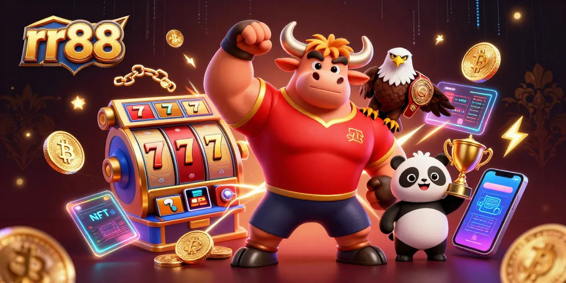 Winning with rr88 at a vibrant casino, featuring an energetic 3D scene with jackpot elements and crypto coins.