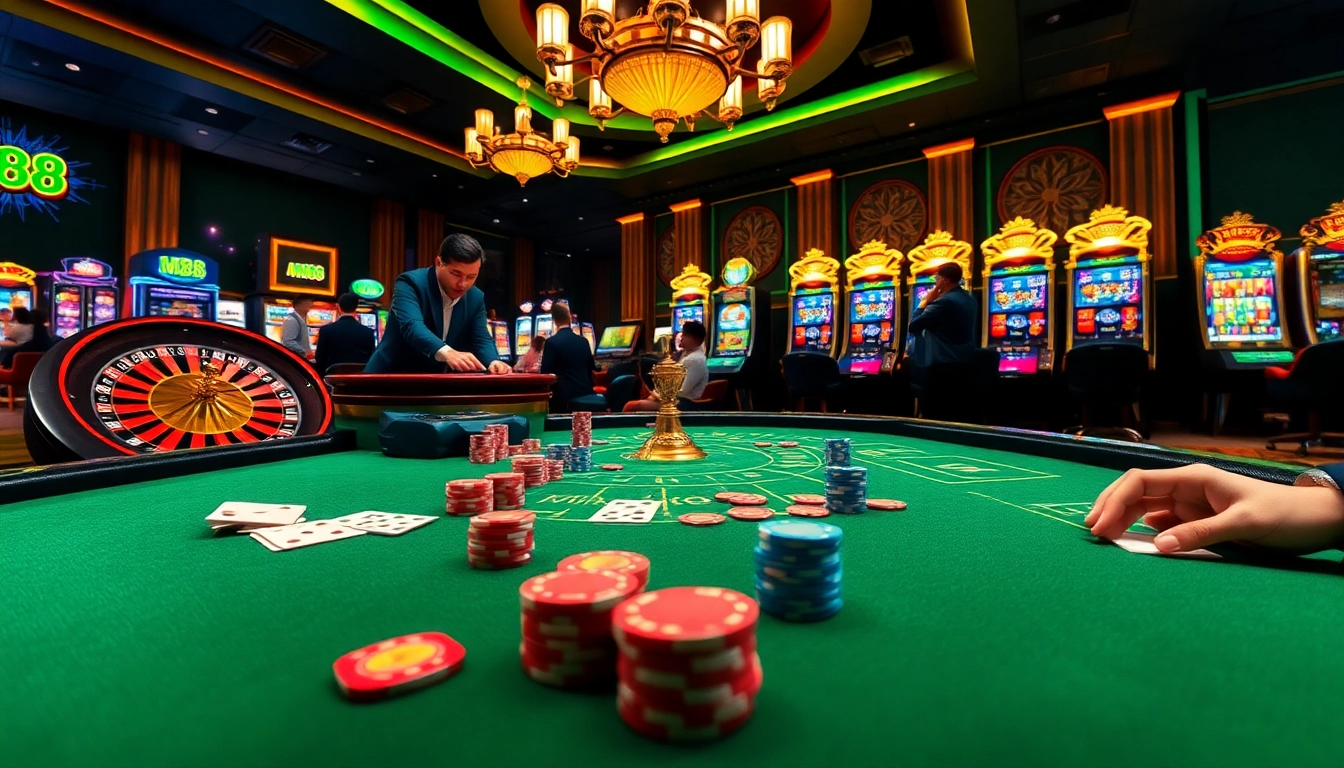 Engaging poker game at MM88 casino, showcasing excitement and strategy in a vibrant atmosphere.