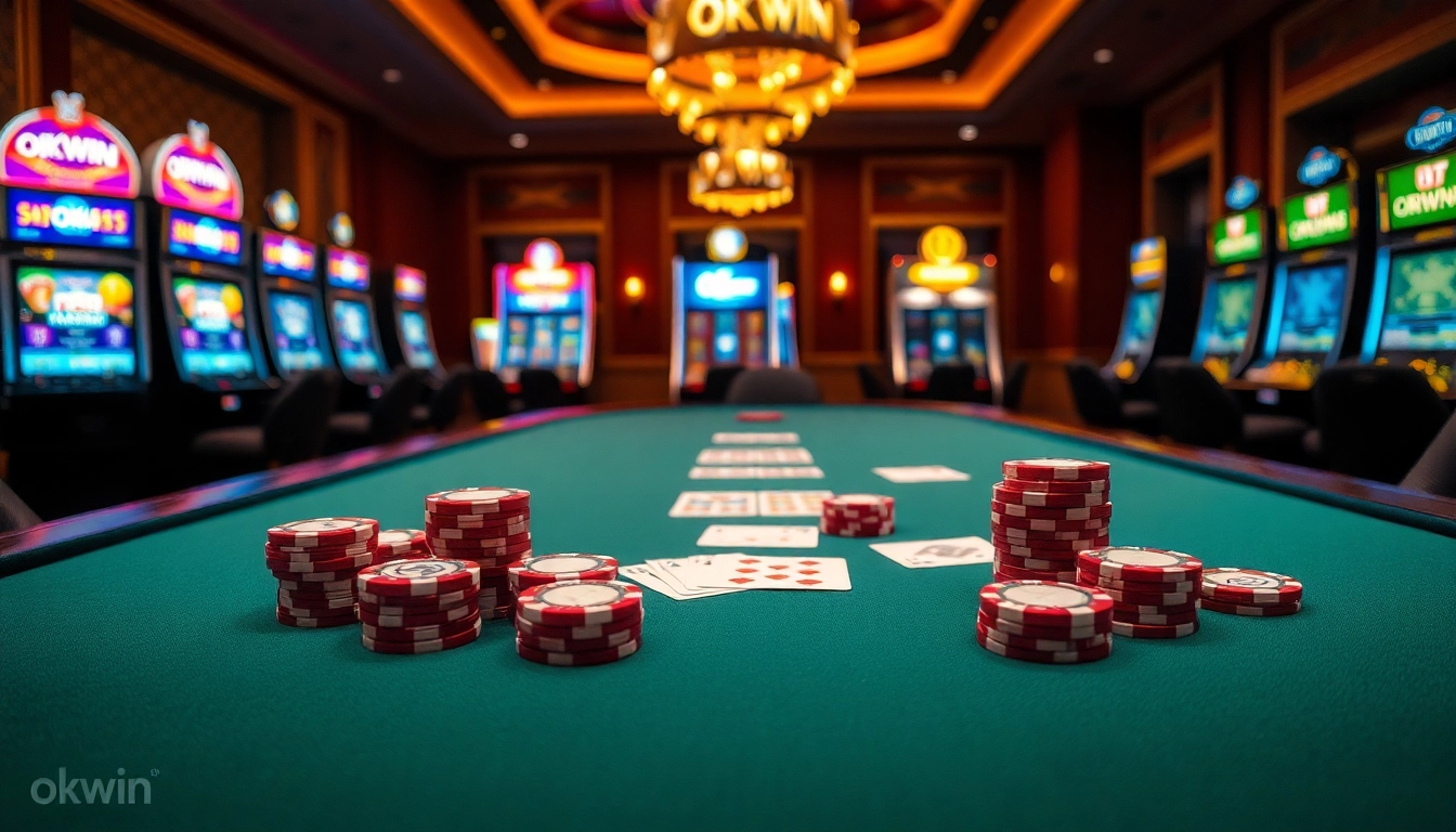 Compelling view of an okwin-themed poker game showing vibrant chips and cards in a luxurious setting.