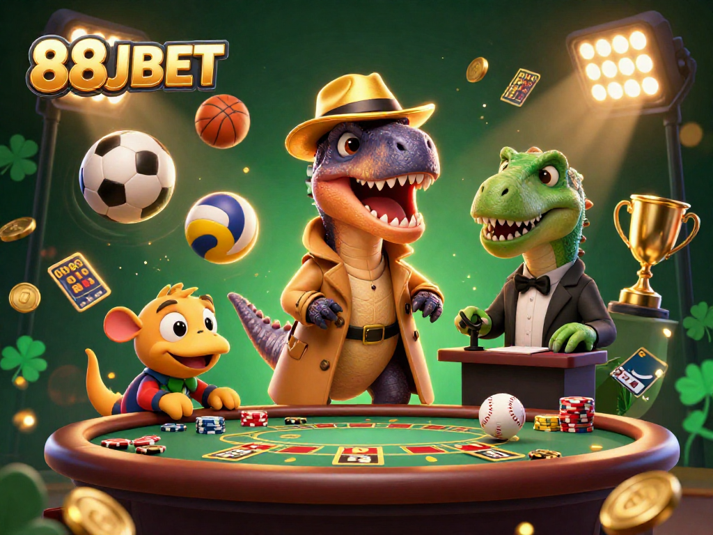 Experience 88JBET excitement with a whimsical scene featuring a velociraptor at the blackjack table.