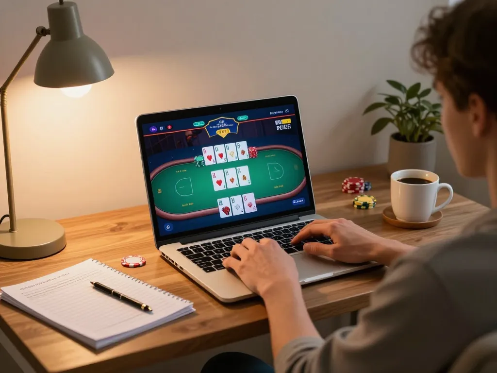 A player enjoying the 58win poker game on a laptop in a cozy home setting, focusing on strategic gameplay.