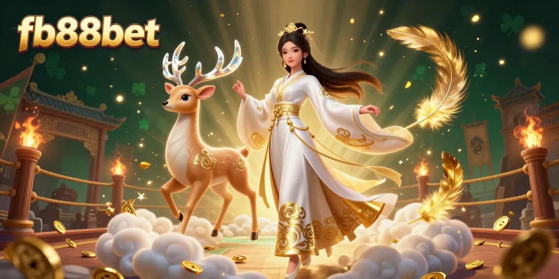 Engage with fb88bet in this vibrant 3D scene showcasing a woman and deer amidst golden gambling tokens.