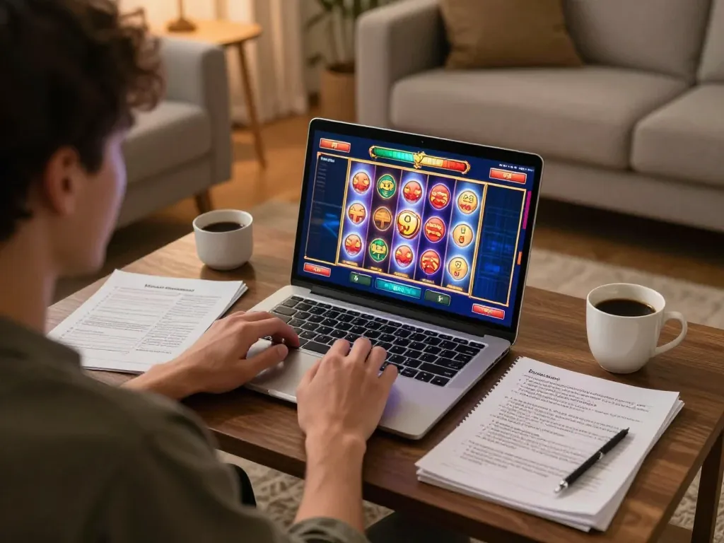 Player enjoying LLWIN online slots with a vibrant interface in a cozy home setting.
