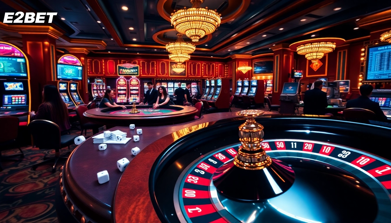 E2BET players enjoying a dynamic and luxurious online casino experience with vibrant gaming tables.