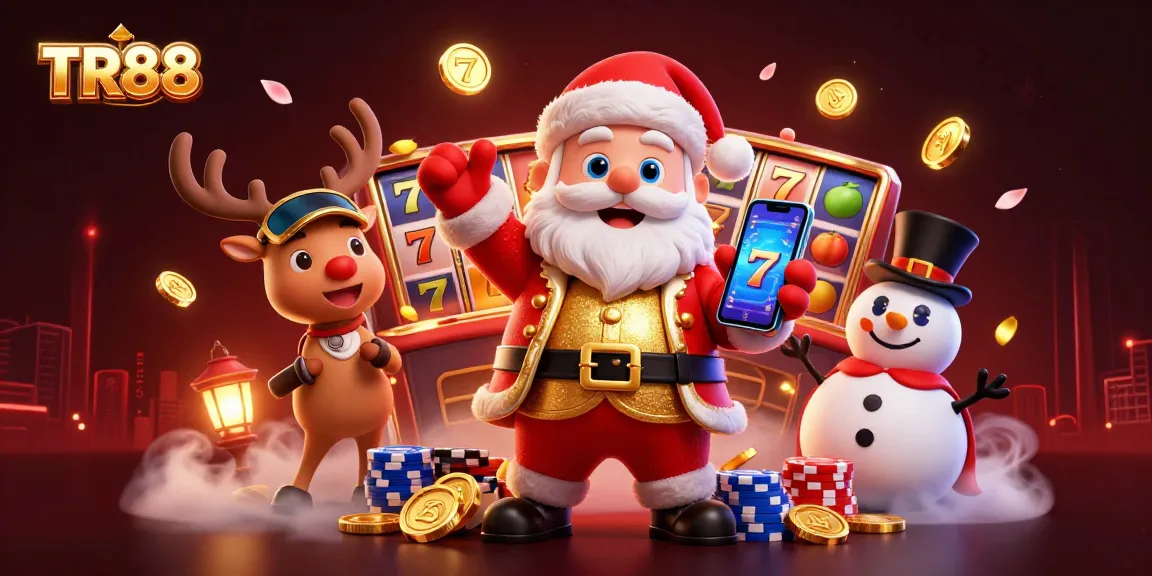 Experience thrilling TR88 slots with Santa, a reindeer dealer, and a poker chip snowman.