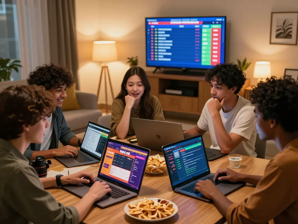 Group of friends engaged in đánh đề online strategies in a cozy living room, surrounded by digital devices and excitement.