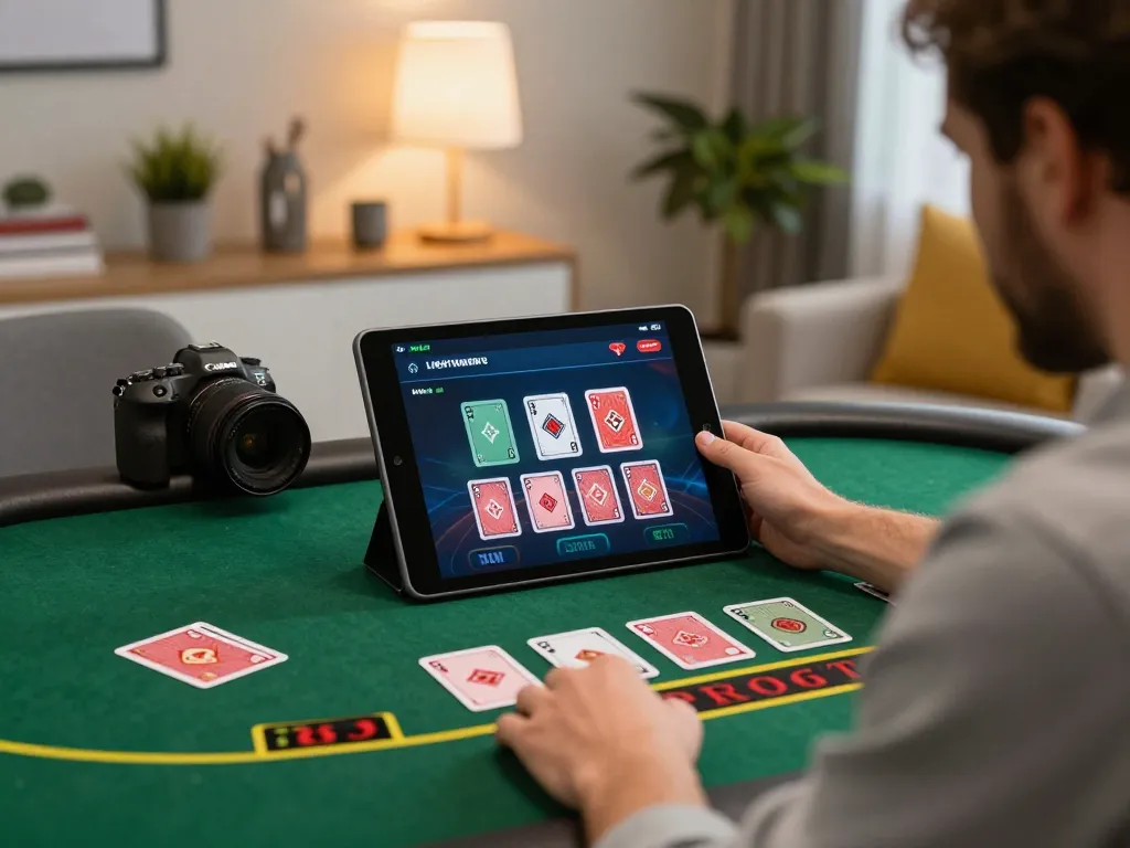 Fly88 player engaging at a live dealer blackjack table via tablet, showcasing an elegant home office setup