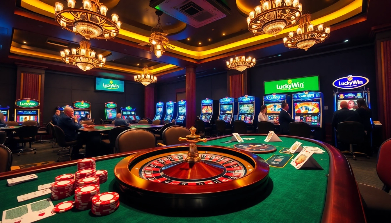 Experience the glamour of LuckyWin with an exciting casino scene full of poker chips and slot machines.
