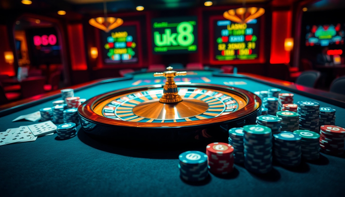 Experience luck8 at a vibrant casino table with poker chips and roulette, surrounded by excitement.