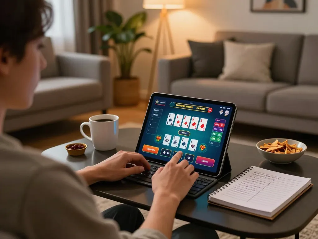 Engage with nhà cái 13WIN in a cozy home setting, featuring an online poker game on a tablet.