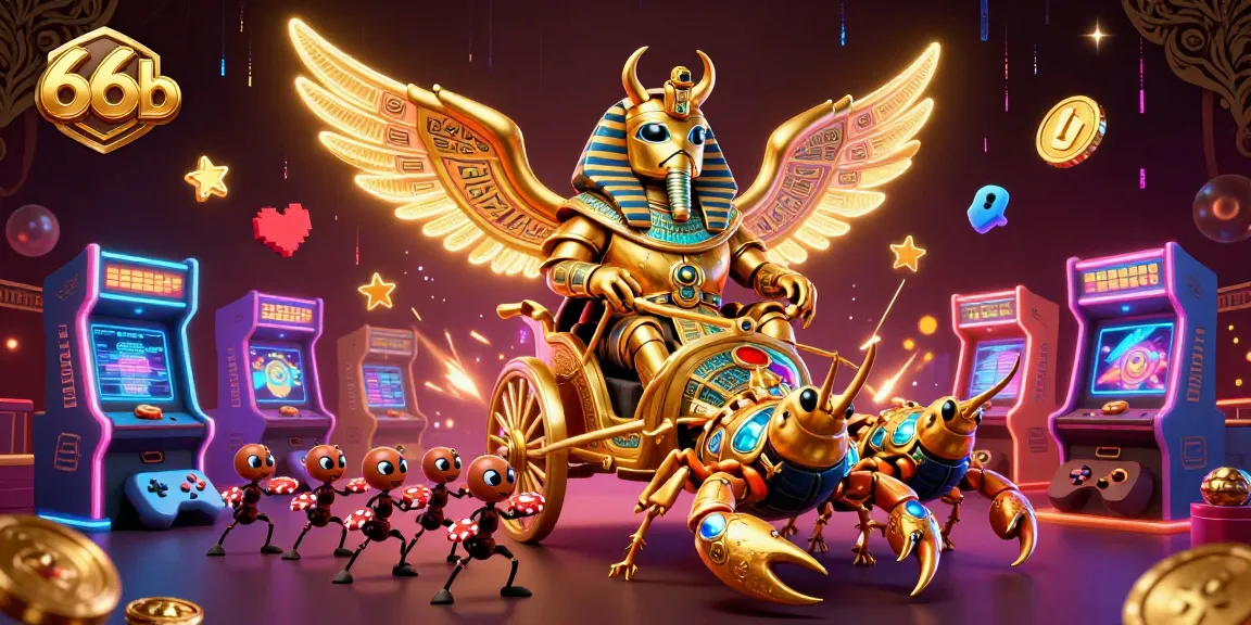 Engage in dynamic gaming with the 66b casino scene featuring a golden scarab beetle and scorpions.