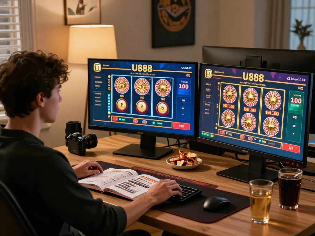 Engaging online gaming session at U888 with vibrant slot games on screen and a strategic setup.