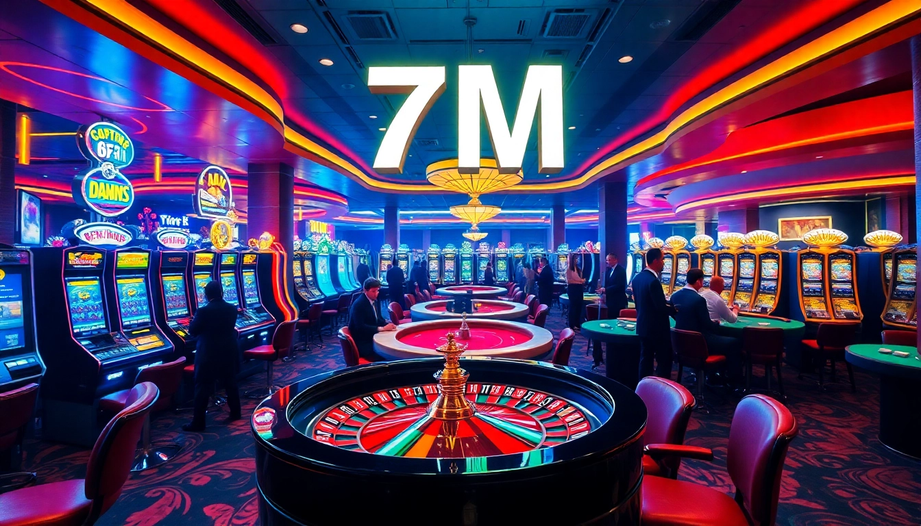 Experience thrilling gambling action at 7M’s luxurious casino with vibrant slot machines and poker tables.
