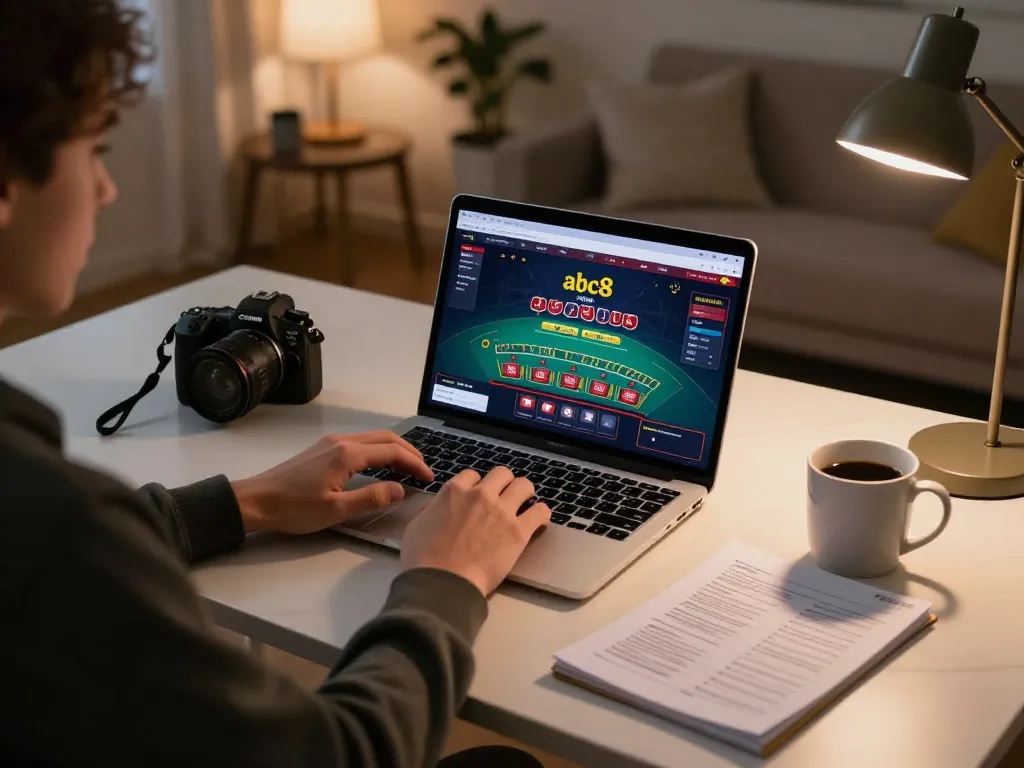Engaged player strategizing gameplay on abc8 online casino from cozy home office.