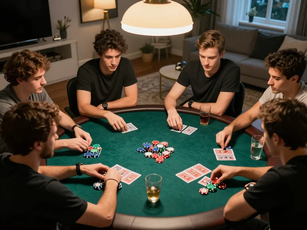 Engaging players at a home poker night showcasing game bài đổi thưởng excitement with drinks and snacks