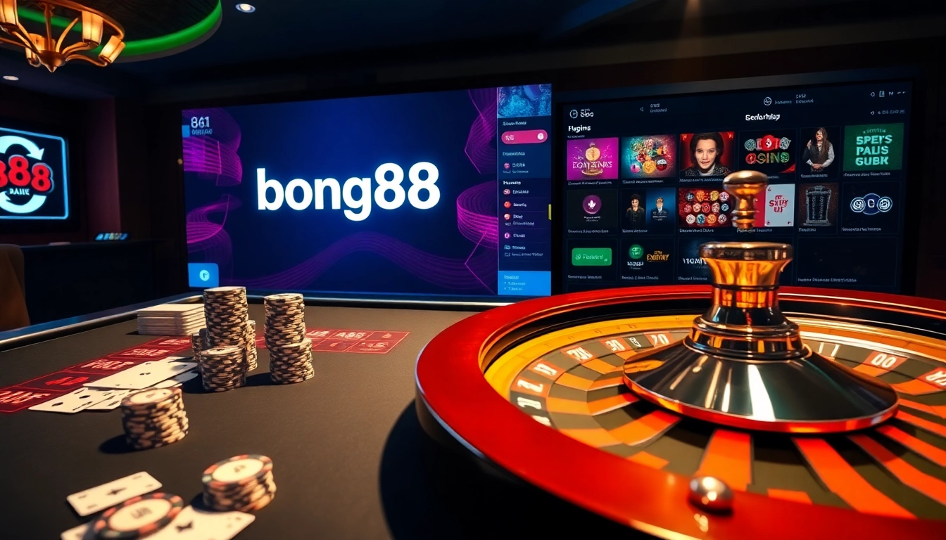 Experience the excitement of online gambling with bong88’s vibrant casino scene, showcasing poker chips and a roulette wheel.
