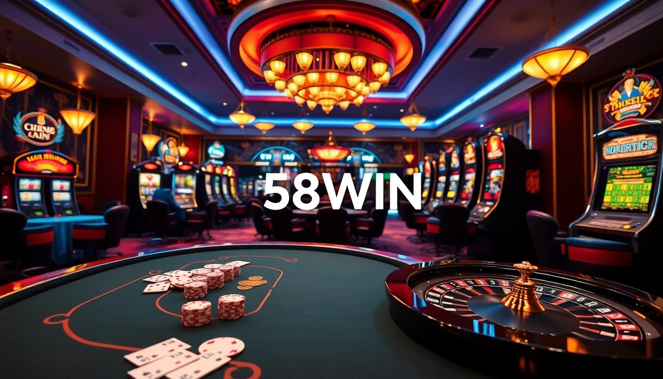 58WIN casino scene with players enjoying poker, roulette, and slot machines in a luxurious atmosphere.