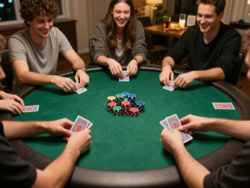 ww88 host lively poker game with friends, showcasing hands holding cards and colorful chips.