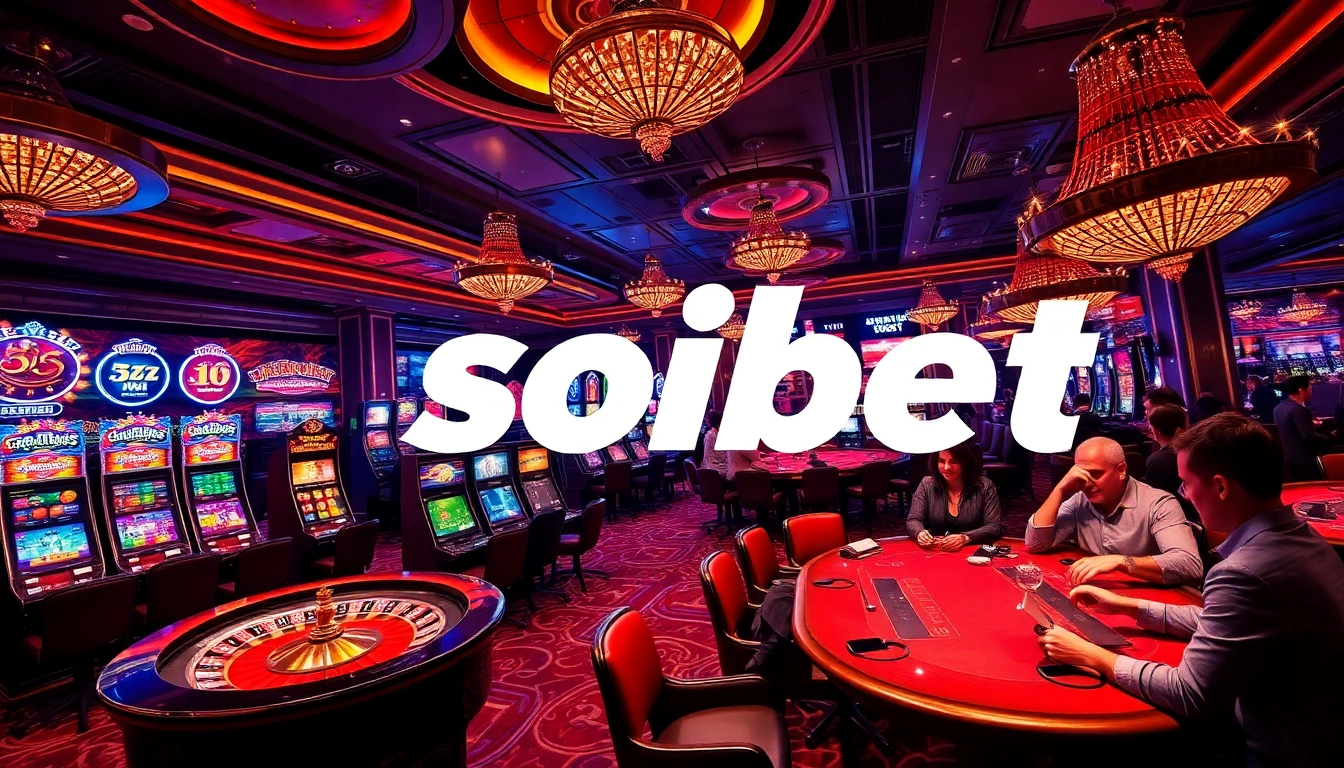 Experience the excitement of เว็บตรง soibet with vibrant casino scenes featuring slot machines and poker tables.