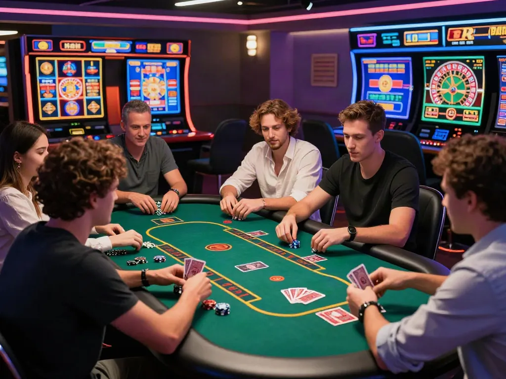 Group enjoying casino games at a digital casino atmosphere showcasing casino not on gamstop