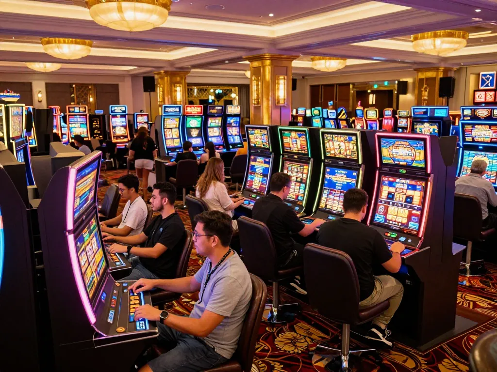 Players engaging with vibrant slots, highlighting sun win excitement in a luxurious casino atmosphere.