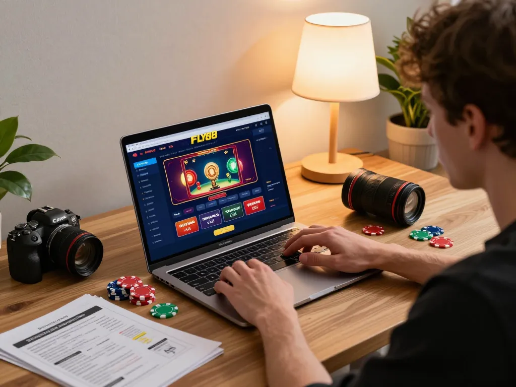 Player engaging with the FLY88 online casino platform, showcasing chips and strategy notes in a cozy setup.