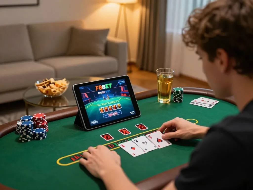 Engaged player enjoying F8BET live blackjack session on tablet at home with snacks nearby