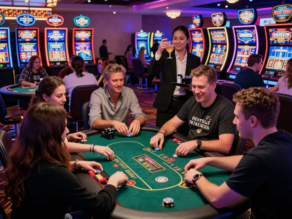 Players enjoying a lively casino floor experience at a casino not on Gamstop, engaged in gaming and celebrating wins.