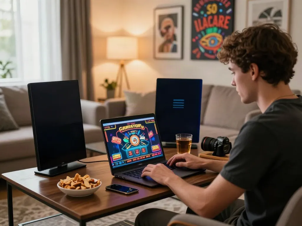 Player enjoying games at a casino not on Gamstop in a cozy home setting.