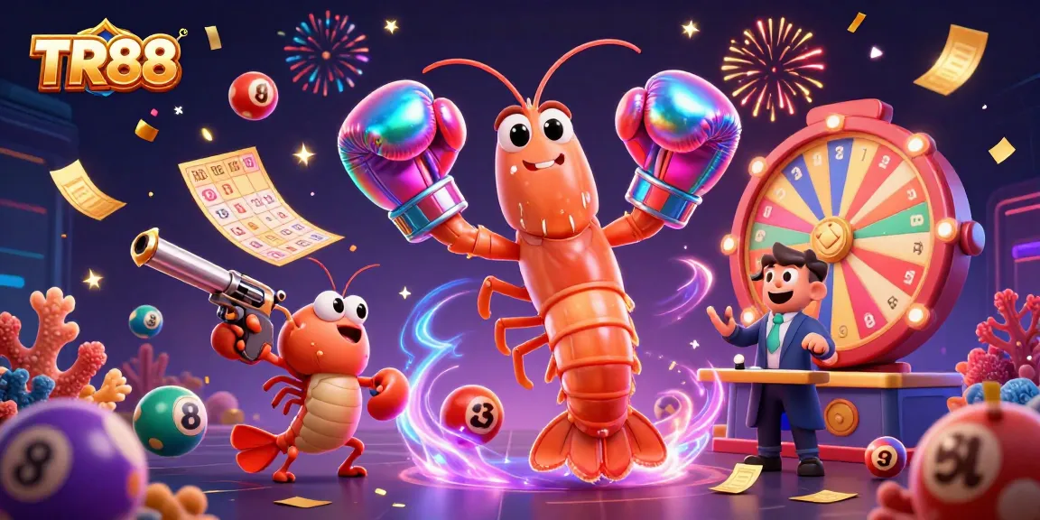 Engage with TR88's vibrant casino scene featuring a mantis shrimp, lucky lottery balls, and a dynamic gaming atmosphere.