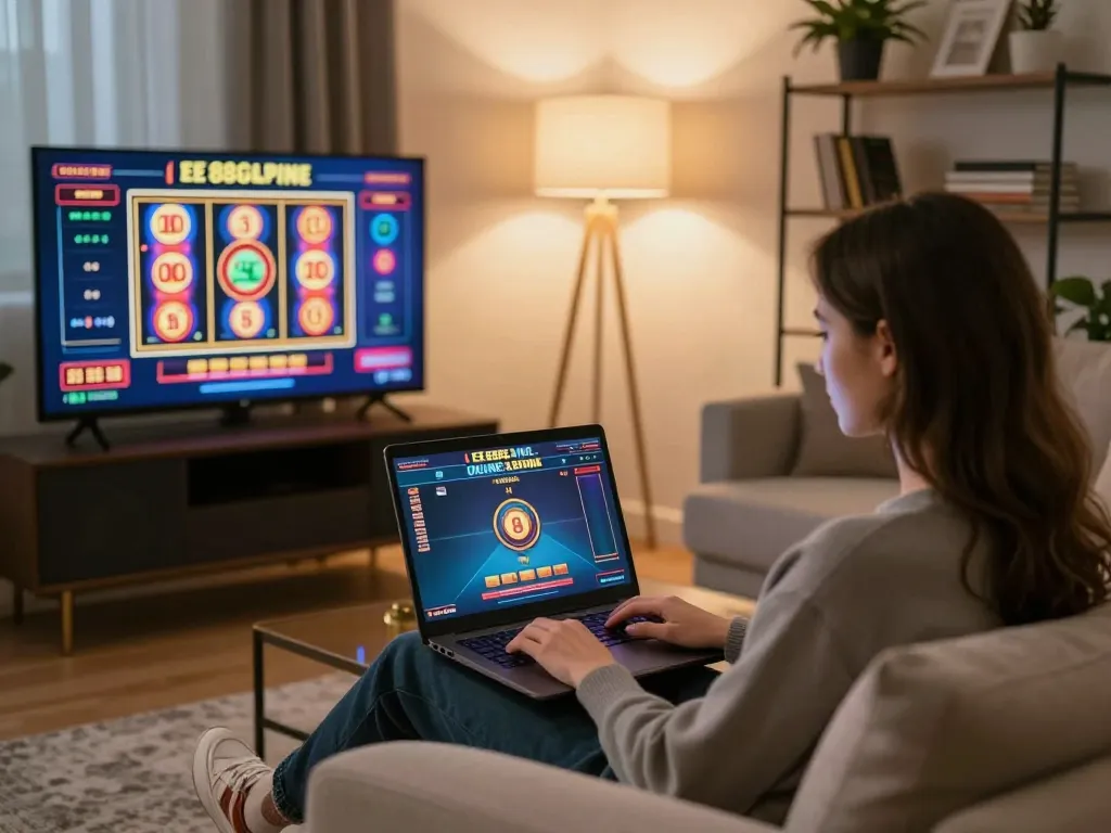 Player enjoying EE88 online casino on laptop in a cozy living room setting, emphasizing comfort and strategy.