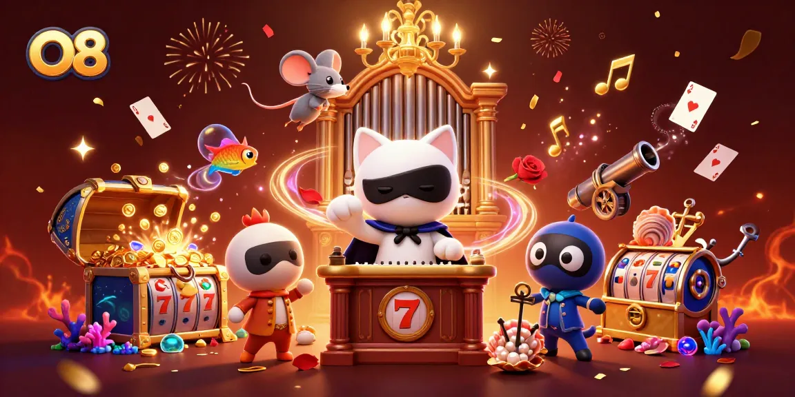 O8 promotes gaming excitement at an online casino with slot reels and cartoon characters.