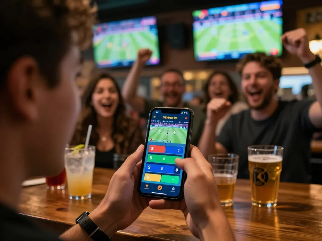 Engaging scene showing sports betting with tỷ lệ kèo nhà cái 5 on a smartphone in a lively sports bar.