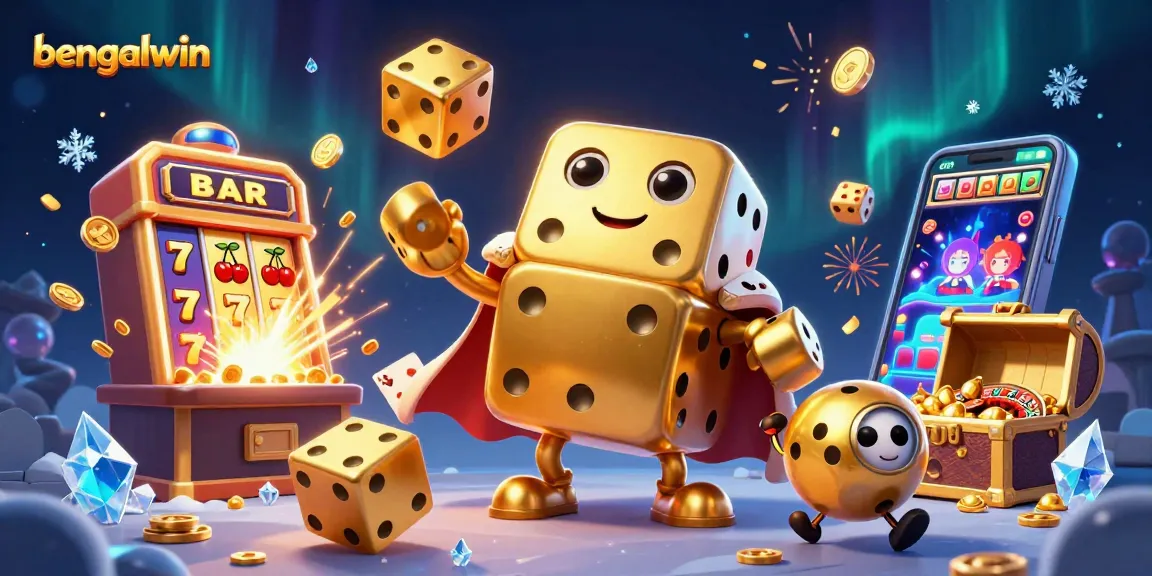 Bengalwin's exciting casino scene featuring dynamic gaming elements, golden dice, and a jackpot explosion.
