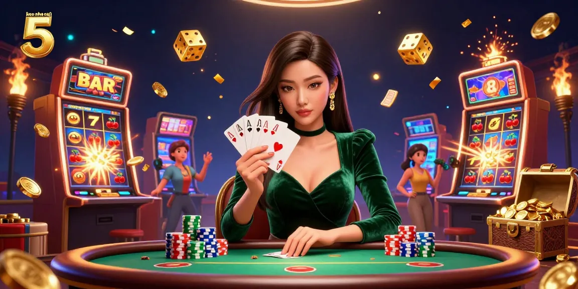 Experience the thrill of gambling with keo nha cai 5 as a beautiful Asian woman expertly plays cards at a luxurious poker table.