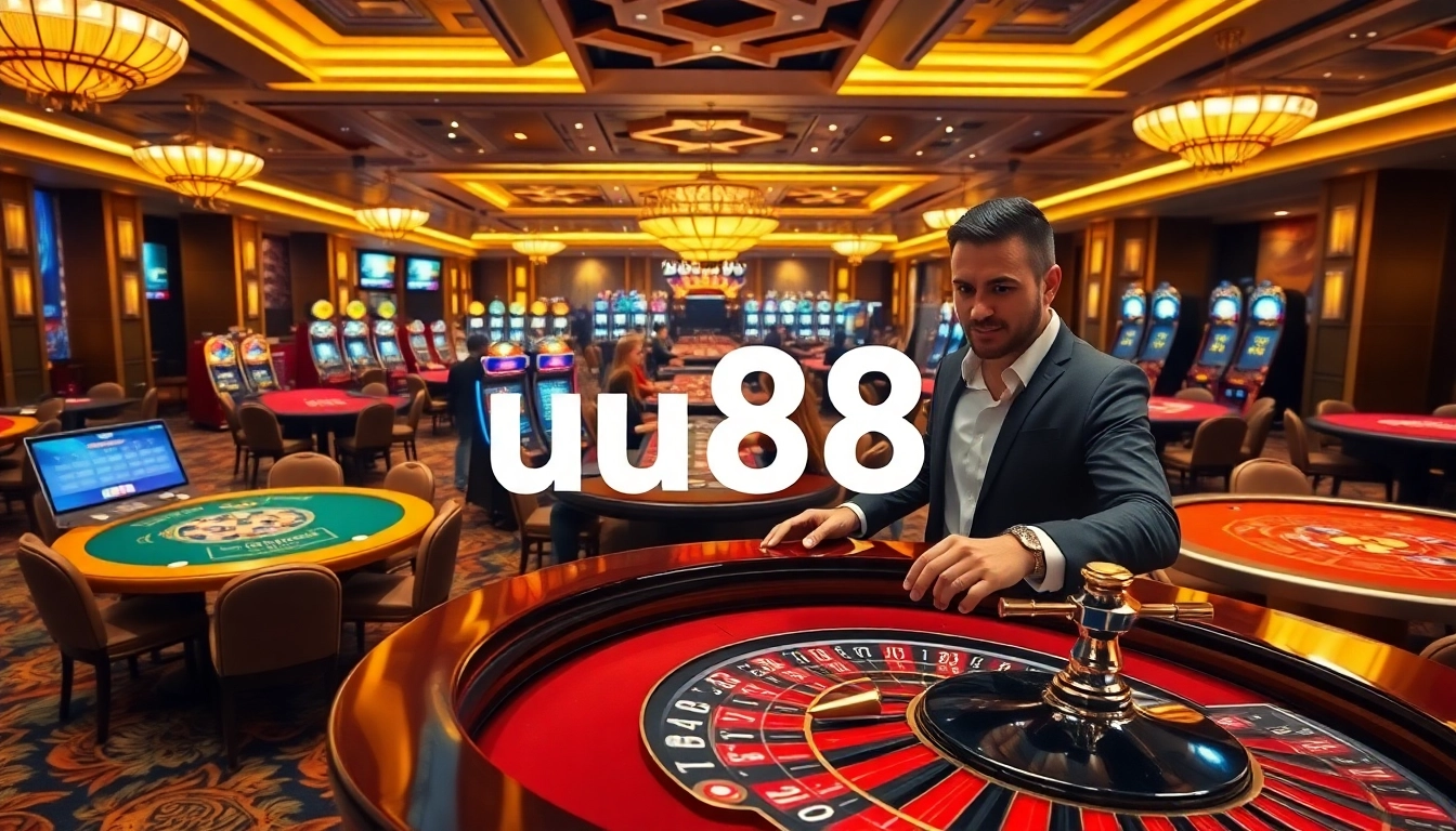 uu88 gaming table scene with roulette and poker cards for an exciting casino experience.