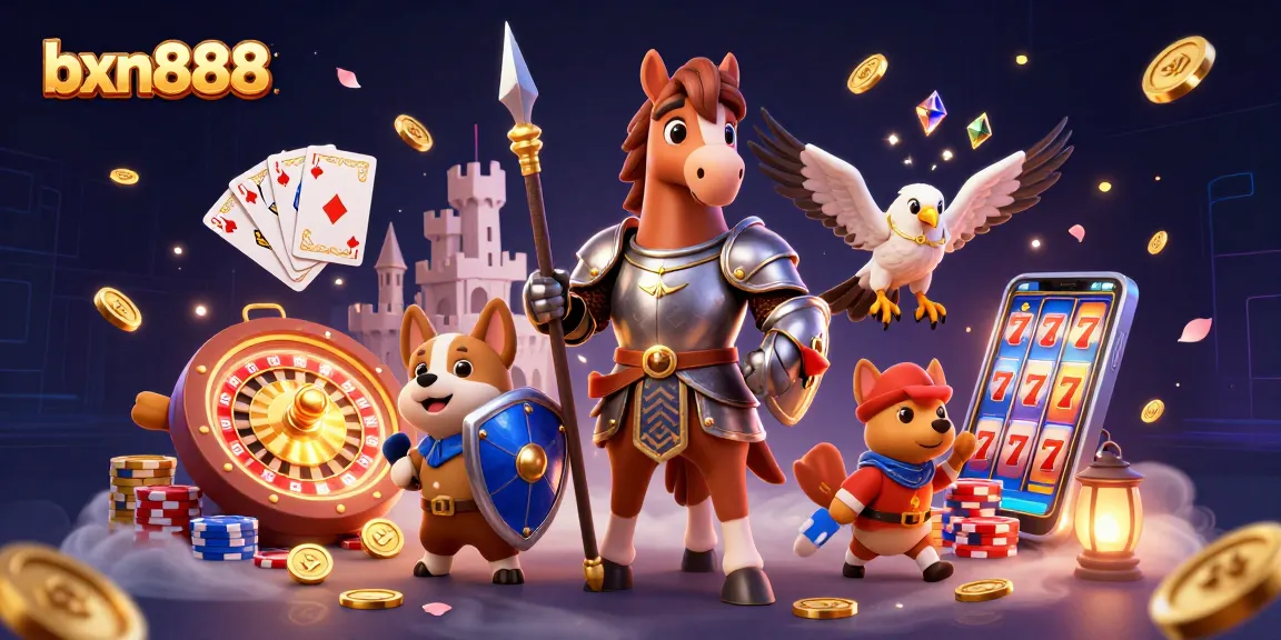 Engage with bxn888's exciting gameplay featuring a knight, a puppy, and a falcon amid vibrant casino elements.