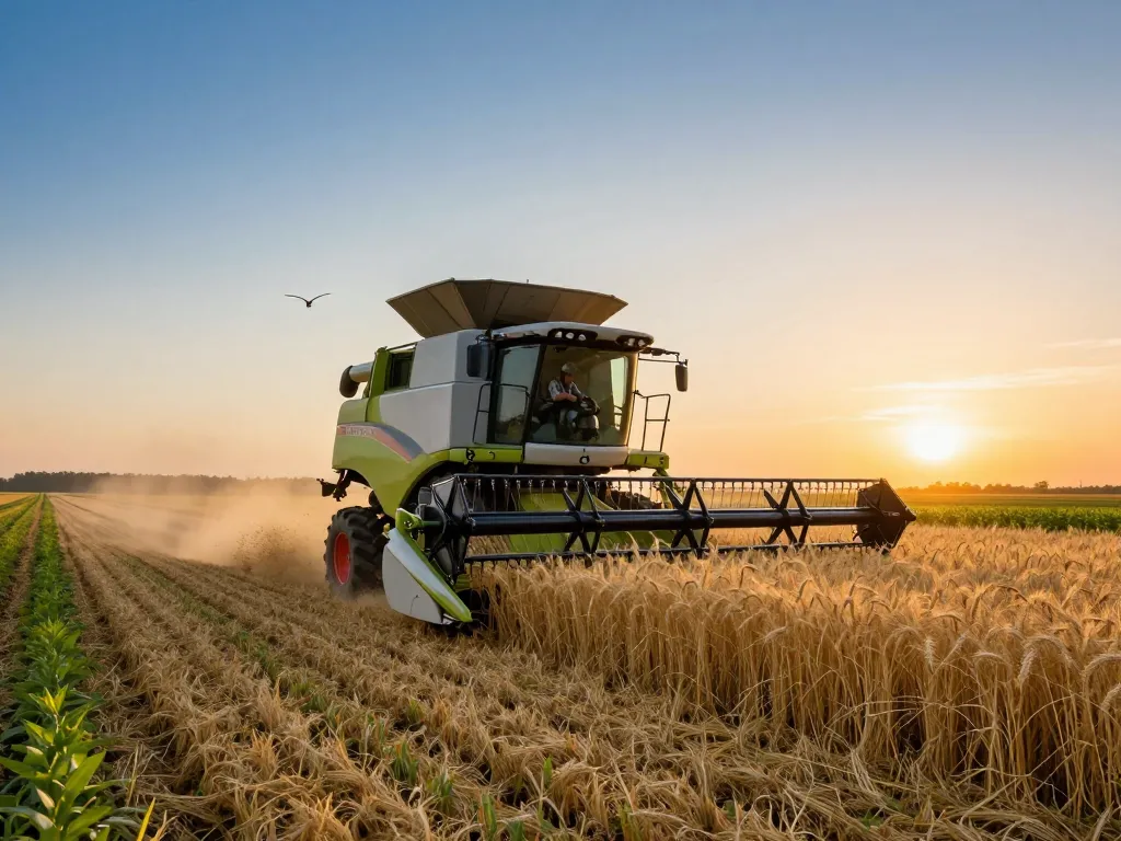 Dynamic New Holland TR88 combine harvester in action during sunset, highlighting agricultural efficiency and rural dedication.
