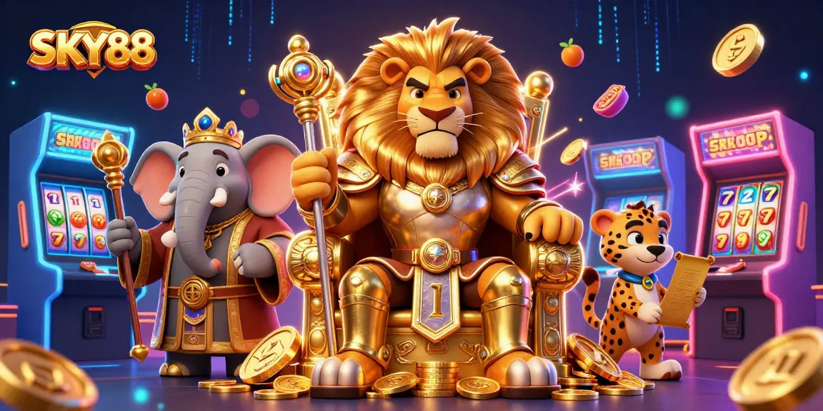 Engage in thrilling gaming with SKY88, featuring a lion king and vibrant casino elements.