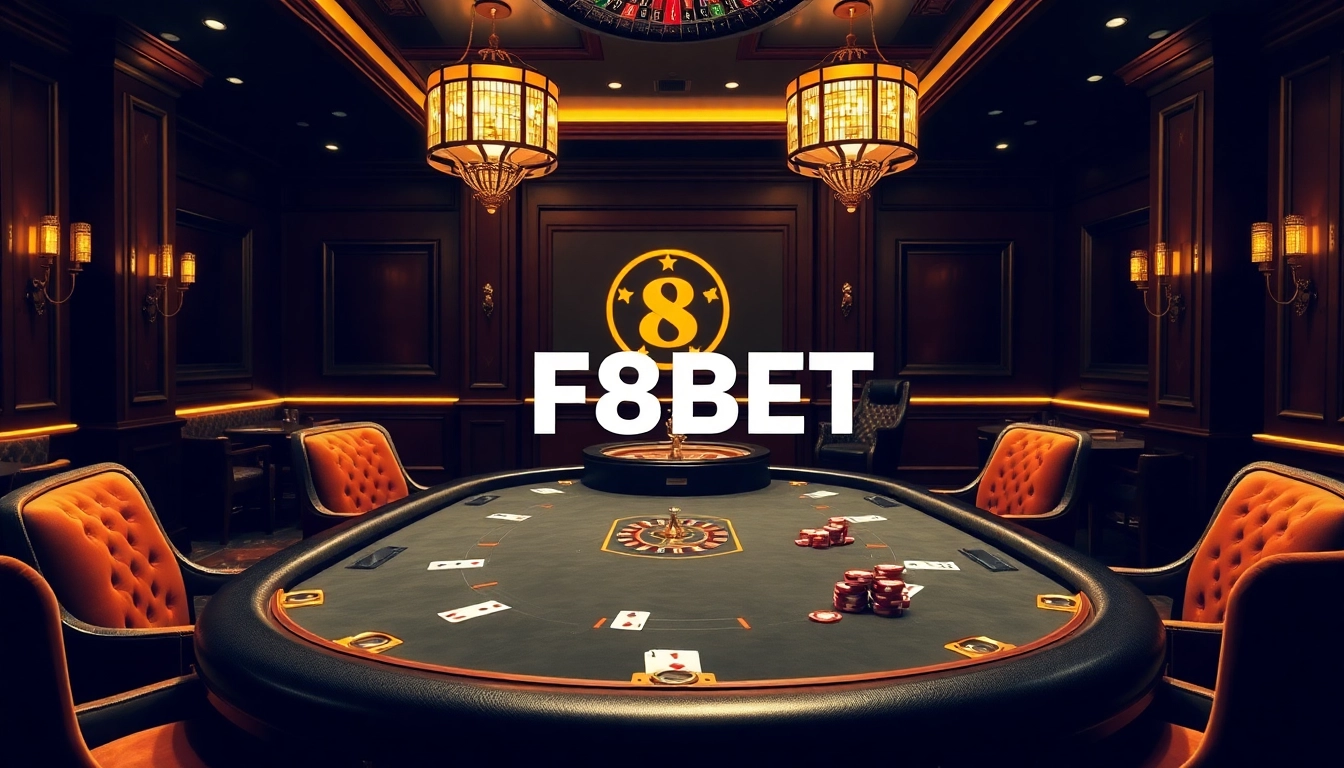 Engaged players enjoying poker at F8BET's luxurious casino, showcasing excitement and professionalism.