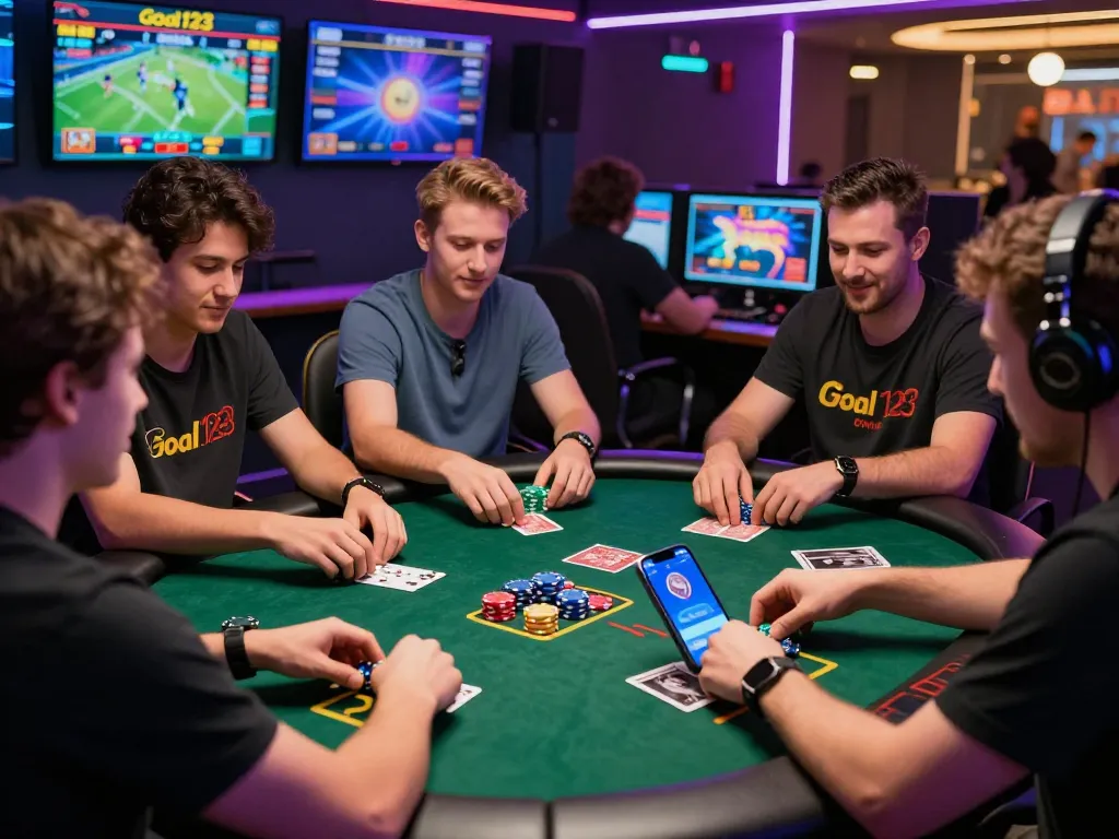 Goal123 online gambling players enjoying various games in a vibrant, engaging atmosphere.