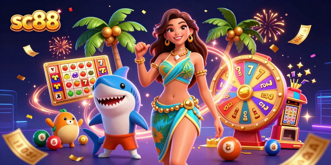 Engage with the fun at sc88 featuring a glamorous beach goddess and playful shark among colorful slot reels.