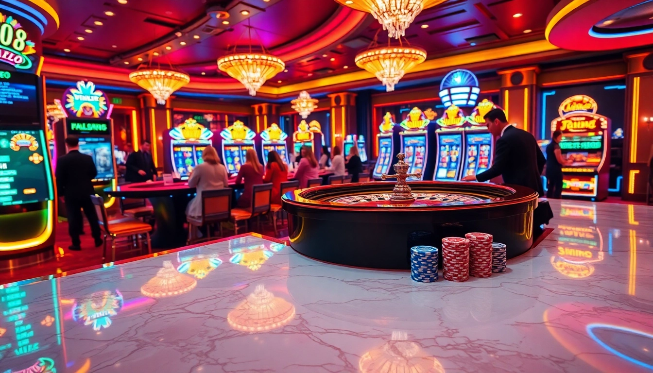 Engaging players enjoy thrilling m88 casino games at a luxurious roulette table in vibrant atmosphere.