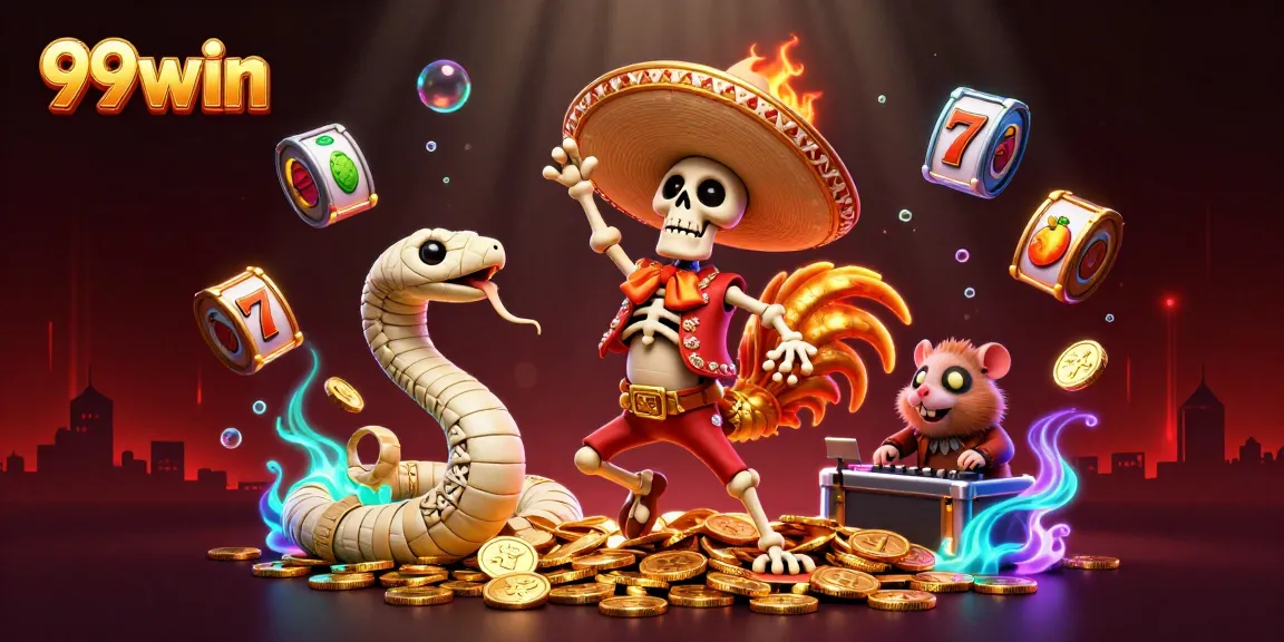 Experience thrilling wins at 99win with a vibrant casino scene filled with festive characters and symbols.