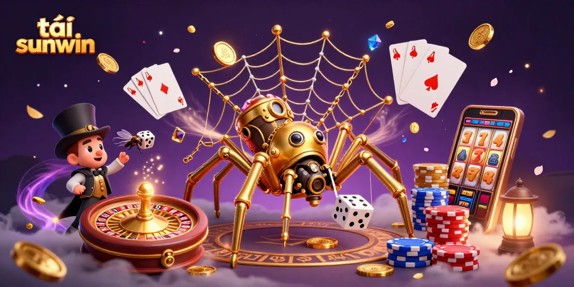 Catching unlucky dice, the golden spider weaves an intricate web while showcasing tải sunwin on a vibrant casino backdrop.