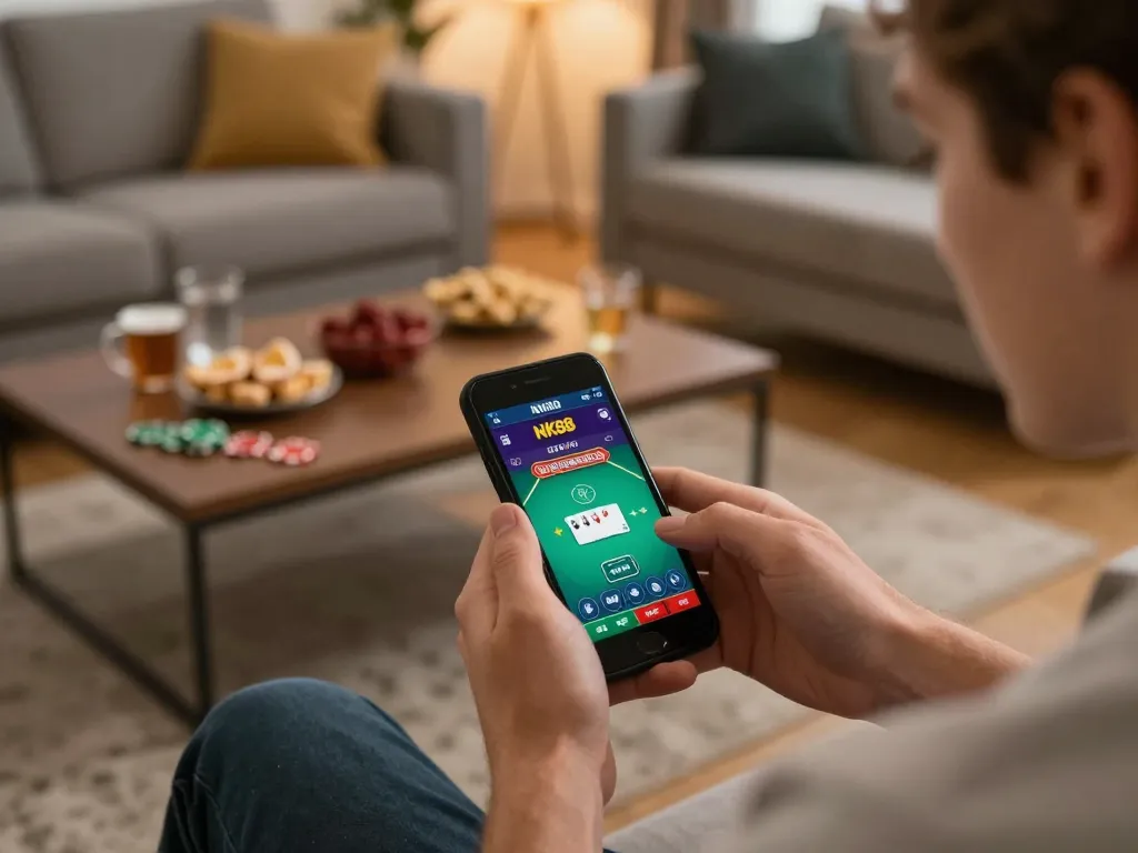 Player enjoying NK88 mobile casino app poker game in cozy home setting, surrounded by snacks and drinks.